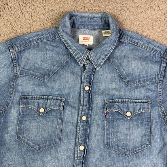 Levis Shirt Mens S Blue Washed Denim Pearl Snap Western Rodeo Work Short Sleeve - Picture 1 of 8